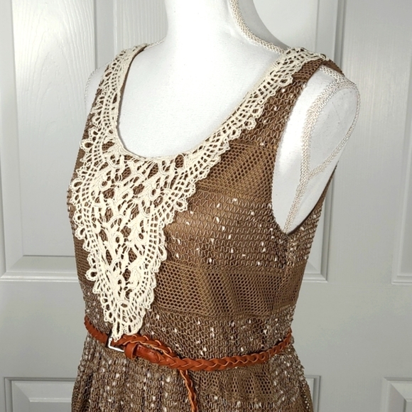 A'reve Striped Sleeveless Maxi Sundress Dress Brown Cream Crocheted Front - Picture 11 of 16